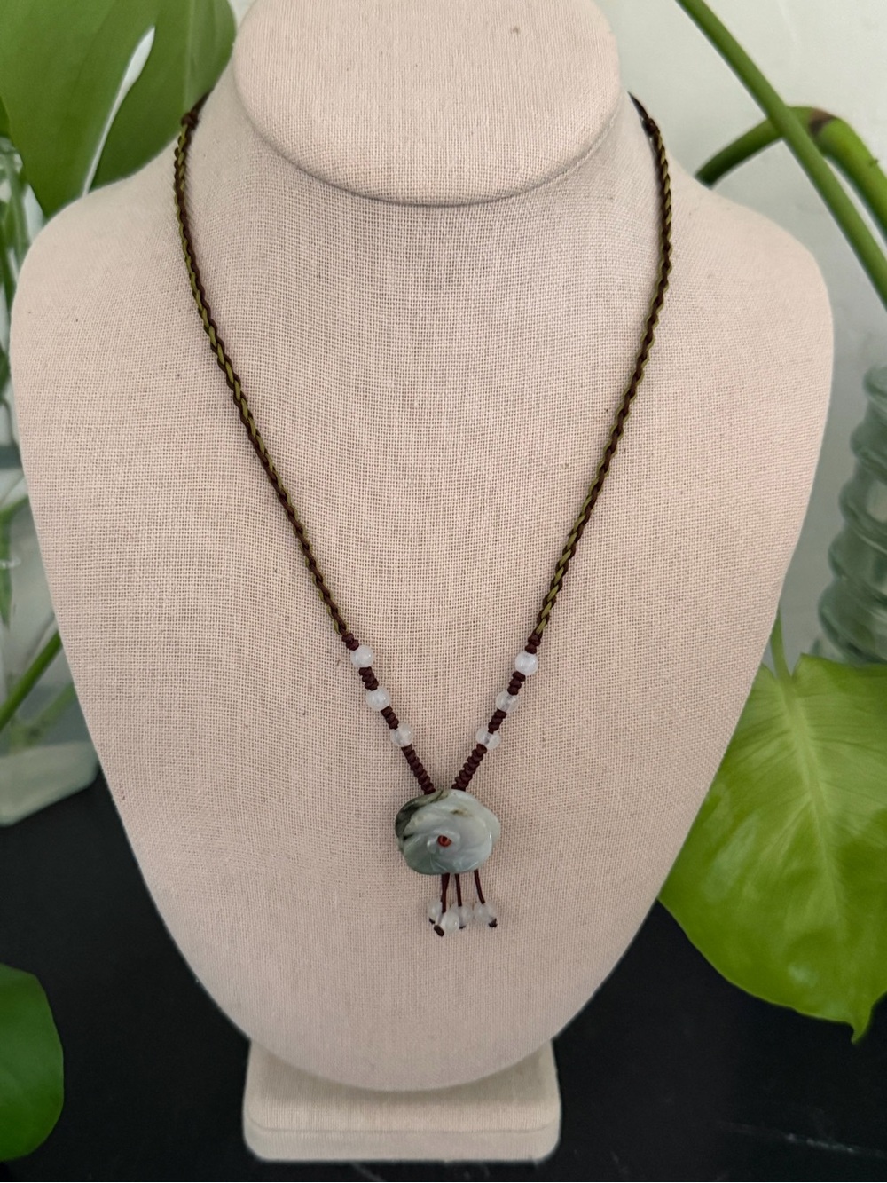 Vintage Green & White Jade Carved Rose Pendant Beaded Cord Necklace